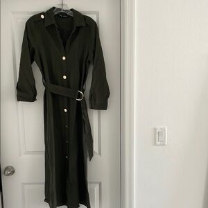 Zara Linen Olive Green Belted Dress